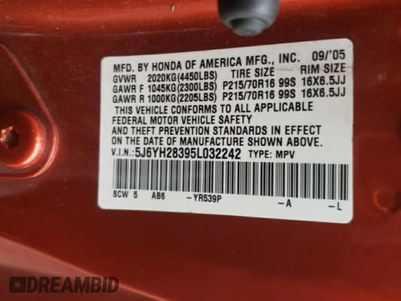 ✅ 2005 Honda Element LX • VIN: 5J6YH28395L032242 • Lot: 63842645. Listed on Copart with 183,432 mi. Free auction sales archive from the USA and detailed vehicle history report at DreamBid. Image 13.