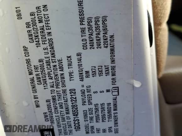 2002 Chevrolet S-10 LS z VIN 1GCCS145528122120, wystawiony jako Copart lot #76986994 z przebiegiem 112 919 mil mil oraz Nie do naprawy • Non repairable. Historia ofert i sprzedaży dostępna na DreamBid. Obrazek 12.