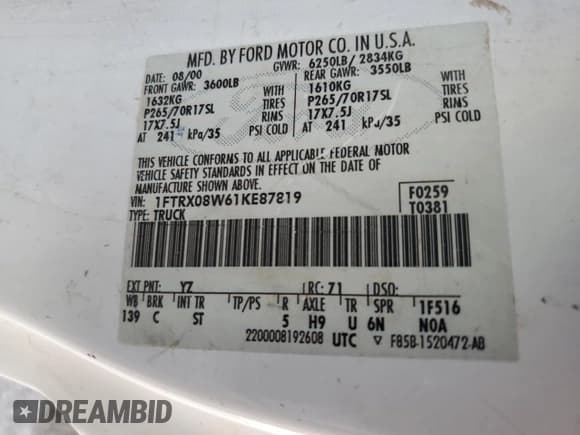 ✅ 2001 Ford F-150 XL • VIN: 1FTRX08W61KE87819 • Lot: 84004925. Listed on Copart with Not provided. Free auction sales archive from the USA and detailed vehicle history report at DreamBid. Image 12.