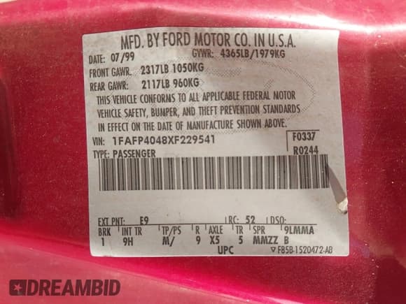 ✅ 1999 Ford Mustang • VIN: 1FAFP4048XF229541 • Lot: 43026715. Wystawiony na IAAI z przebiegiem Nie podano. Bezpłatny archiwum sprzedaży aukcyjnych z USA i szczegółowy raport historii pojazdu na DreamBid. Zdjęcie 9.