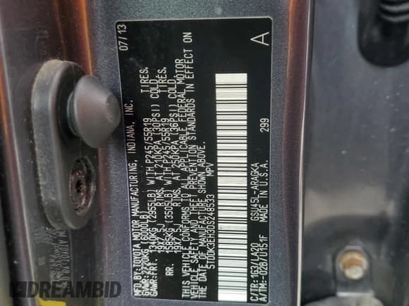 ✅ 2013 Toyota Highlander Limited • VIN: 5TDDK3EH3DS248533 • Lot: 61144445. Listed on Copart with 90,230 mi. Free auction sales archive from the USA and detailed vehicle history report at DreamBid. Image 13.