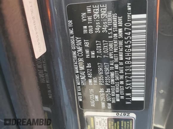 ✅ 2017 Hyundai Santa Fe 2.4L • VIN: 5XYZT3LB4HG455470 • Lot: 92260825. Listed on Copart with 119,440 mi. Free auction sales archive from the USA and detailed vehicle history report at DreamBid. Image 13.