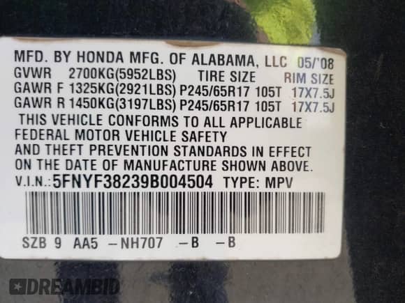 2009 Honda Pilot LX with VIN 5FNYF38239B004504, listed as a IAAI auction lot 43382186 with 218,342 mi miles and . Bid and sale history available at DreamBid. Image 9.