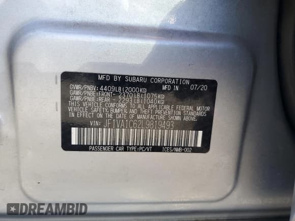 ✅ 2020 Subaru WRX Premium • VIN: JF1VA1C62L9819493 • Lot: 67392865. Listed on Copart with 73,653 mi. Free auction sales archive from the USA and detailed vehicle history report at DreamBid. Image 12.