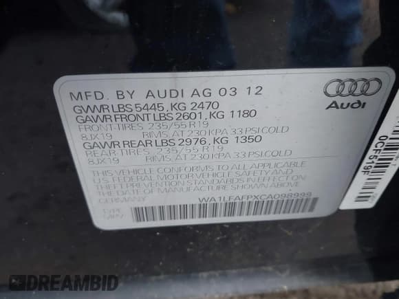 ✅ 2012 Audi Q5 Premium Plus • VIN: WA1LFAFPXCA098999 • Lot: 43836708. Listed on IAAI with Not provided. Free auction sales archive from the USA and detailed vehicle history report at DreamBid. Image 9.