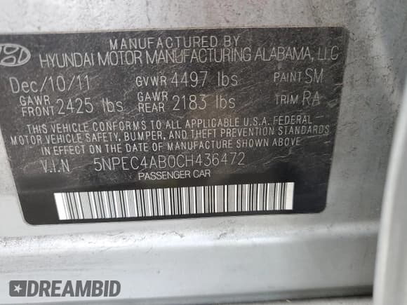 ✅ 2012 Hyundai Sonata Limited • VIN: 5NPEC4AB0CH436472 • Lot: 75809154. Listed on Copart with 68,293 mi. Free auction sales archive from the USA and detailed vehicle history report at DreamBid. Image 12.