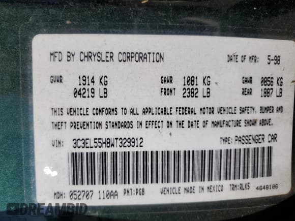 ✅ 1998 Chrysler Sebring JXi • VIN: 3C3EL55H8WT329912 • Lot: 79874674. Listed on Copart with 54,994 mi. Free auction sales archive from the USA and detailed vehicle history report at DreamBid. Image 12.