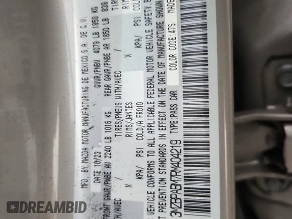 ✅ 2024 Mazda 3 S Select Sport • VIN: 3MZBPABM7RM404219 • Lot: 91063135. Listed on Copart with Not provided. Free auction sales archive from the USA and detailed vehicle history report at DreamBid. Image 12.