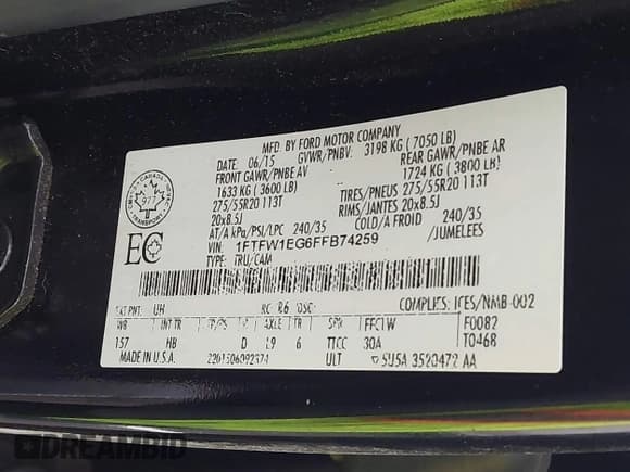 ✅ 2015 Ford F-150 Platinum • VIN: 1FTFW1EG6FFB74259 • Lot: 43546838. Listed on IAAI with 249,970 mi. Free auction sales archive from the USA and detailed vehicle history report at DreamBid. Image 9.