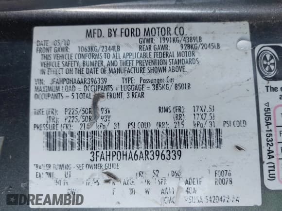 ✅ 2010 Ford Fusion SE • VIN: 3FAHP0HA6AR396339 • Lot: 43716455. Listed on IAAI with 239,810 mi. Free auction sales archive from the USA and detailed vehicle history report at DreamBid. Image 9.