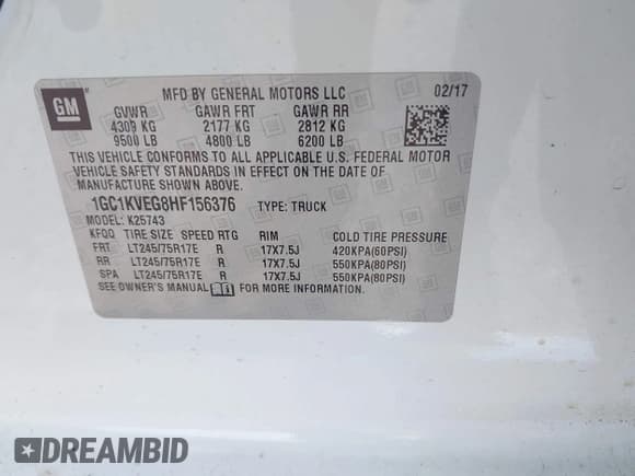 ✅ 2017 Chevrolet Silverado 2500HD LT • VIN: 1GC1KVEG8HF156376 • Lot: 42873201. Listed on IAAI with 188,811 mi. Free auction sales archive from the USA and detailed vehicle history report at DreamBid. Image 9.