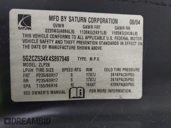 ✅ 2004 Saturn VUE V6 • VIN: 5GZCZ534X4S897948 • Лот: 41340129. Опубликован ранее на IAAI с пробегом 173 878 миль. Бесплатный доступ к архиву аукционных продаж из США и подробный отчёт об истории автомобиля на DreamBid. Изображение 9.