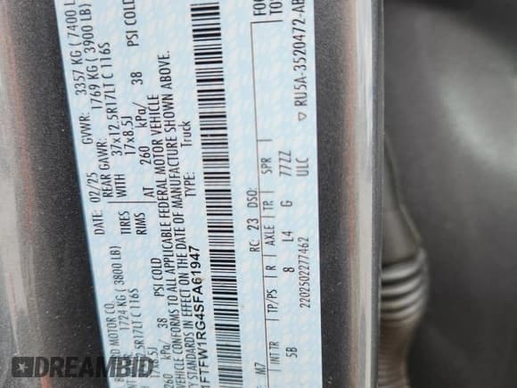 ✅ 2025 Ford F-150 Raptor • VIN: 1FTFW1RG4SFA61947 • Lot: 70862165. Listed on Copart with 15,127 mi. Free auction sales archive from the USA and detailed vehicle history report at DreamBid. Image 12.