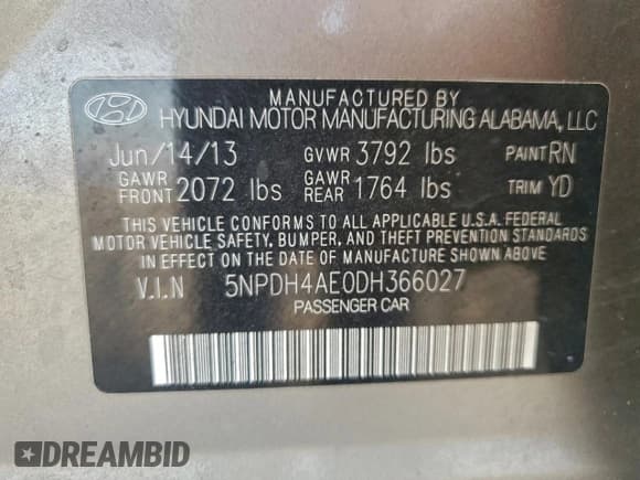 ✅ 2013 Hyundai Elantra Limited • VIN: 5NPDH4AE0DH366027 • Lot: 94272735. Listed on Copart with 190,495 mi. Free auction sales archive from the USA and detailed vehicle history report at DreamBid. Image 12.