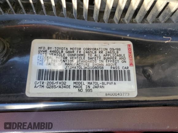 ✅ 1989 Toyota Supra • VIN: JT2MA70L3K0108058 • Лот: 58058225. Опубликован ранее на Copart с пробегом 71 164 миль. Бесплатный доступ к архиву аукционных продаж из США и подробный отчёт об истории автомобиля на DreamBid. Изображение 12.