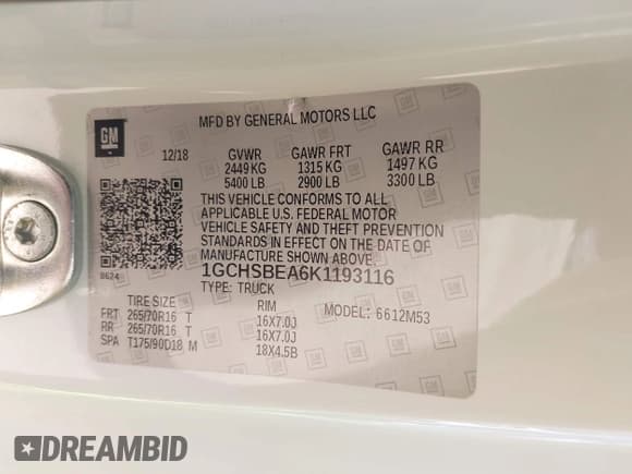 ✅ 2019 Chevrolet Colorado 2WD Work Truck • VIN: 1GCHSBEA6K1193116 • Lot: 42485278. Wystawiony na IAAI z przebiegiem 82 606 mil. Bezpłatny archiwum sprzedaży aukcyjnych z USA i szczegółowy raport historii pojazdu na DreamBid. Zdjęcie 9.