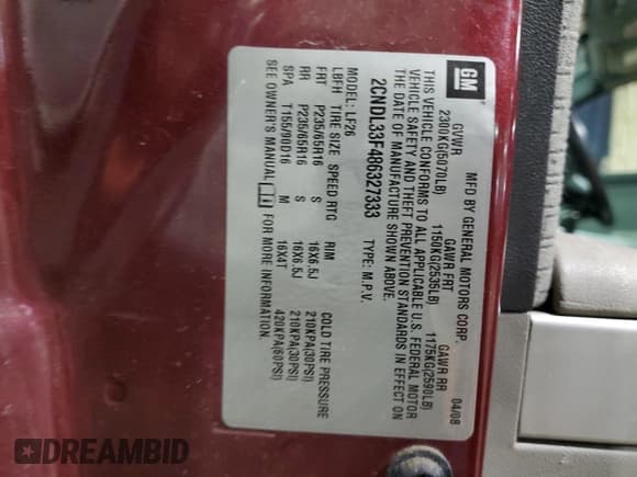 ✅ 2008 Chevrolet Equinox LT • VIN: 2CNDL33F486327333 • Лот: 45722145. Опубликован ранее на Copart с пробегом 117 906 миль. Бесплатный доступ к архиву аукционных продаж из США и подробный отчёт об истории автомобиля на DreamBid. Изображение 13.