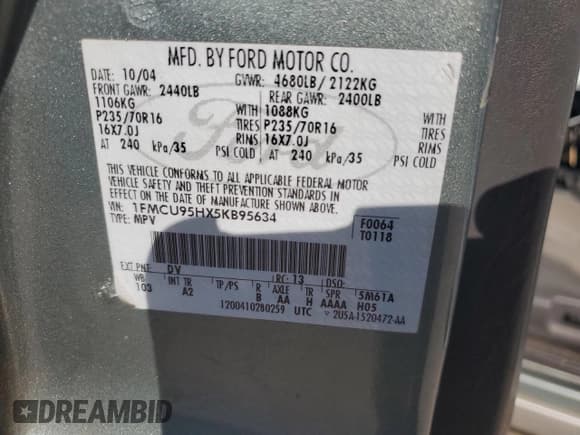 ✅ 2005 Ford Escape Hybrid • VIN: 1FMCU95HX5KB95634 • Лот: 56513595. Опубликован ранее на Copart с пробегом 228 188 миль. Бесплатный доступ к архиву аукционных продаж из США и подробный отчёт об истории автомобиля на DreamBid. Изображение 13.