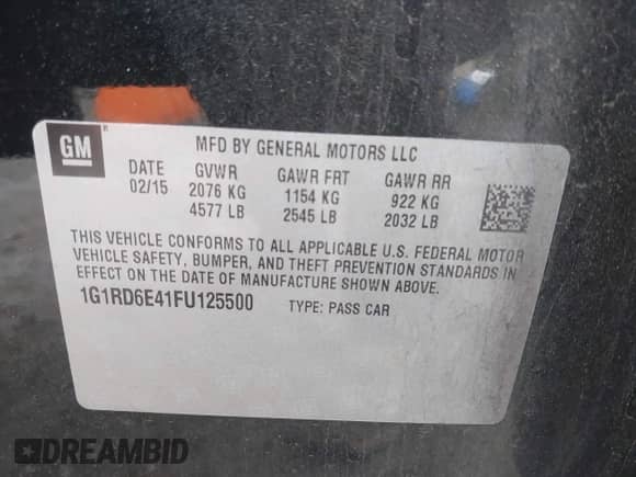 2015 Chevrolet Volt с VIN 1G1RD6E41FU125500, выставлен на аукционе IAAI как лот 43456385 с пробегом 54 628 миль миль и . История ставок и продаж доступна на DreamBid. Изображение 9.