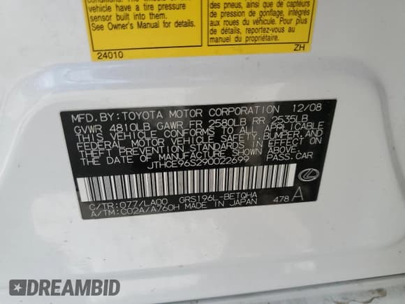 ✅ 2009 Lexus GS 350 • VIN: JTHCE96S290022699 • Lot: 60336975. Listed on Copart with 119,598 mi. Free auction sales archive from the USA and detailed vehicle history report at DreamBid. Image 12.