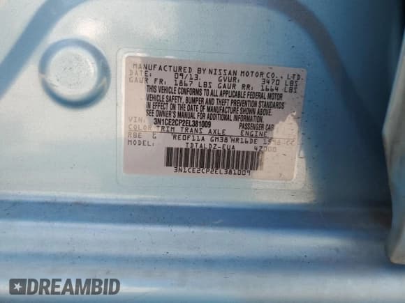 ✅ 2014 Nissan Note S Plus • VIN: 3N1CE2CP2EL381009 • Lot: 57293185. Listed on Copart with 124,639 mi. Free auction sales archive from the USA and detailed vehicle history report at DreamBid. Image 13.