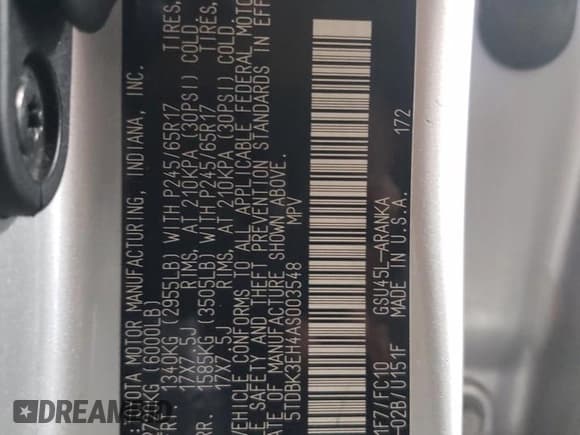 ✅ 2010 Toyota Highlander • VIN: 5TDBK3EH4AS003548 • Lot: 51052465. Listed on Copart with 155,940 mi. Free auction sales archive from the USA and detailed vehicle history report at DreamBid. Image 12.