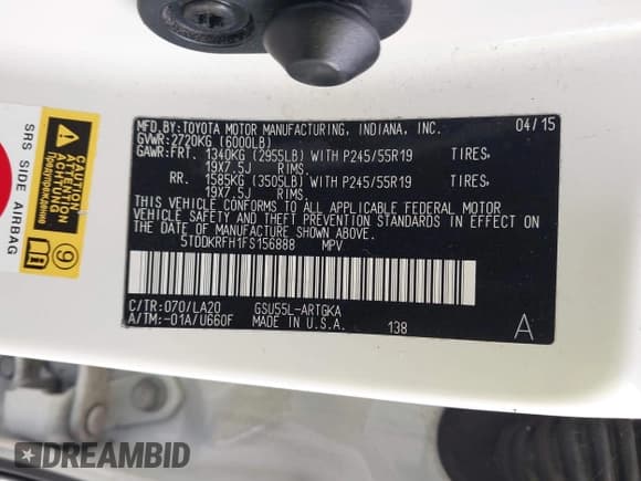 ✅ 2015 Toyota Highlander Limited • VIN: 5TDDKRFH1FS156888 • Lot: 43032521. Listed on IAAI with 129,205 mi. Free auction sales archive from the USA and detailed vehicle history report at DreamBid. Image 9.