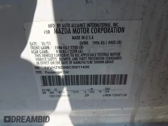 ✅ 2012 Mazda 6 i Touring • VIN: 1YVHZ8DH6C5M11430 • Lot: 41768751. Listed on IAAI with 210,091 mi. Free auction sales archive from the USA and detailed vehicle history report at DreamBid. Image 9.