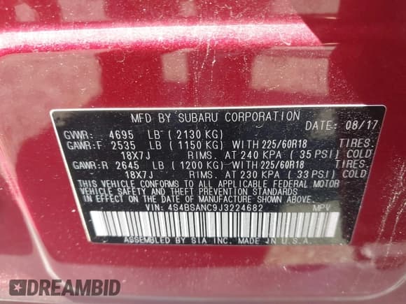 ✅ 2018 Subaru Outback Limited • VIN: 4S4BSANC9J3224682 • Лот: 43354593. Опубликован ранее на IAAI с пробегом 57 030 миль. Бесплатный доступ к архиву аукционных продаж из США и подробный отчёт об истории автомобиля на DreamBid. Изображение 9.