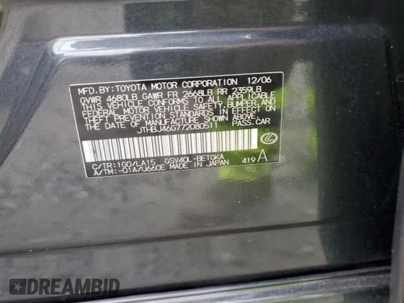 ✅ 2007 Lexus ES 330 • VIN: JTHBJ46G772080511 • Lot: 67863535. Listed on Copart with 185,571 mi. Free auction sales archive from the USA and detailed vehicle history report at DreamBid. Image 13.