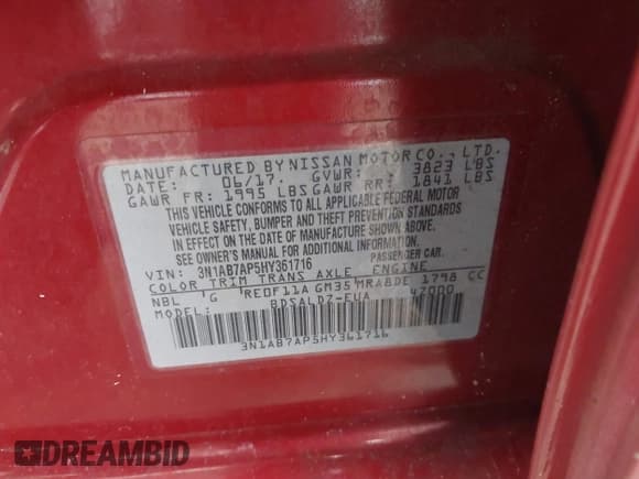 ✅ 2017 Nissan Sentra SL • VIN: 3N1AB7AP5HY361716 • Lot: 43192639. Listed on IAAI with 131,283 mi. Free auction sales archive from the USA and detailed vehicle history report at DreamBid. Image 9.