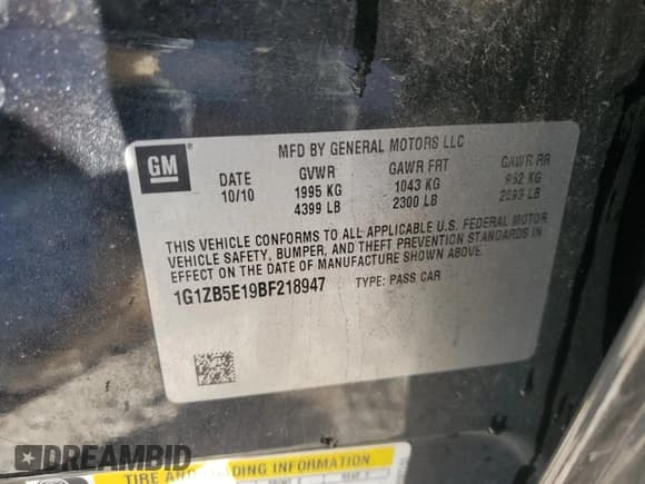 ✅ 2011 Chevrolet Malibu 1LS • VIN: 1G1ZB5E19BF218947 • Lot: 74630534. Listed on Copart with 136,686 mi. Free auction sales archive from the USA and detailed vehicle history report at DreamBid. Image 13.