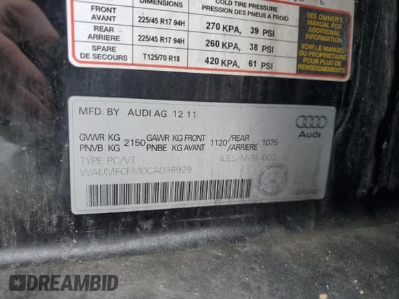 ✅ 2012 Audi A3 • VIN: WAUMFCFM0CA096929 • Lot: 88126615. Listed on Copart with 168,506 mi. Free auction sales archive from the USA and detailed vehicle history report at DreamBid. Image 12.