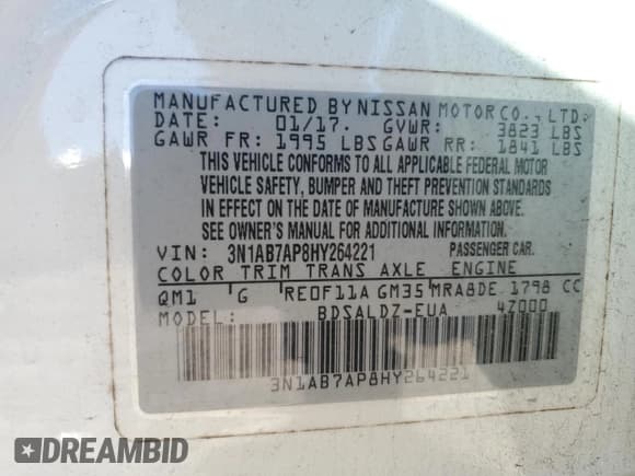 ✅ 2017 Nissan Sentra SR • VIN: 3N1AB7AP8HY264221 • Lot: 90503105. Listed on Copart with 181,720 mi. Free auction sales archive from the USA and detailed vehicle history report at DreamBid. Image 12.