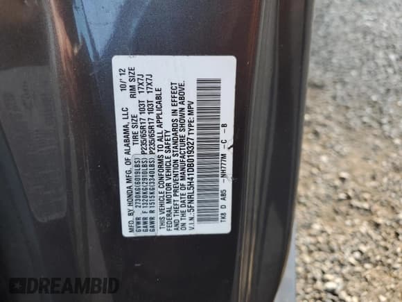 ✅ 2013 Honda Odyssey EX • VIN: 5FNRL5H41DB019327 • Lot: 86813735. Listed on Copart with Not provided. Free auction sales archive from the USA and detailed vehicle history report at DreamBid. Image 14.