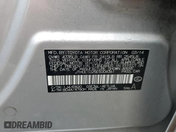 ✅ 2014 Lexus IS 350 • VIN: JTHCE1D25E5004361 • Lot: 84740515. Listed on Copart with 260,841 mi. Free auction sales archive from the USA and detailed vehicle history report at DreamBid. Image 12.