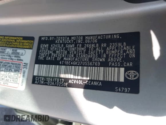 ✅ 2007 Toyota Camry CE • VIN: 4T1BE46K27U556769 • Lot: 43333553. Listed on IAAI with 318,889 mi. Free auction sales archive from the USA and detailed vehicle history report at DreamBid. Image 9.