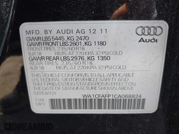 ✅ 2012 Audi Q5 Premium • VIN: WA1CFAFP1CA068824 • Lot: 42631023. Listed on IAAI with 128,155 mi. Free auction sales archive from the USA and detailed vehicle history report at DreamBid. Image 9.