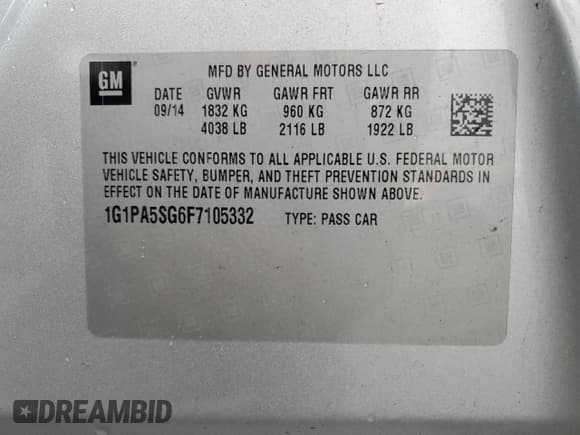 ✅ 2015 Chevrolet Cruze LS • VIN: 1G1PA5SG6F7105332 • Lot: 92166505. Listed on Copart with 58,376 mi. Free auction sales archive from the USA and detailed vehicle history report at DreamBid. Image 12.