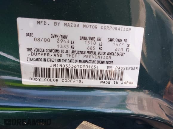 ✅ 2001 Mazda MX-5 Miata • VIN: JM1NB353610201651 • Lot: 42472968. Listed on IAAI with Not provided. Free auction sales archive from the USA and detailed vehicle history report at DreamBid. Image 9.