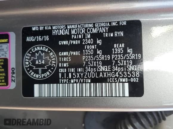 2017 Hyundai Santa Fe 2.0T with VIN 5XYZUDLAXHG453538, listed as a Copart auction lot 69907165 with 102,694 mi miles and Salvage title. Bid and sale history available at DreamBid. Image 13.