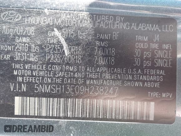 ✅ 2009 Hyundai Santa Fe Limited • VIN: 5NMSH13E09H238247 • Lot: 43574832. Listed on IAAI with 168,143 mi. Free auction sales archive from the USA and detailed vehicle history report at DreamBid. Image 9.