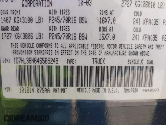 ✅ 2004 Dodge Dakota Sport • VIN: 1D7HL38N64S565249 • Lot: 43610102. Wystawiony na IAAI z przebiegiem 163 708 mil. Bezpłatny archiwum sprzedaży aukcyjnych z USA i szczegółowy raport historii pojazdu na DreamBid. Zdjęcie 9.