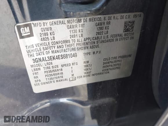 ✅ 2014 Chevrolet Captiva Sport LT • VIN: 3GNAL3EK4ES681049 • Лот: 43641813. Опубликован ранее на IAAI с пробегом 147 591 миль. Бесплатный доступ к архиву аукционных продаж из США и подробный отчёт об истории автомобиля на DreamBid. Изображение 9.