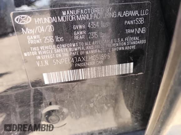 2020 Hyundai Sonata SEL with VIN 5NPEL4JAXLH051895, listed as a Copart auction lot 68696705 with 87,558 mi miles and Salvage title. Bid and sale history available at DreamBid. Image 12.