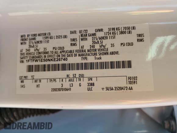 ✅ 2022 Ford F-150 Lariat • VIN: 1FTFW1E50NKE26740 • Lot: 81995915. Wystawiony na Copart z przebiegiem 85 545 mil. Bezpłatny archiwum sprzedaży aukcyjnych z USA i szczegółowy raport historii pojazdu na DreamBid. Zdjęcie 12.