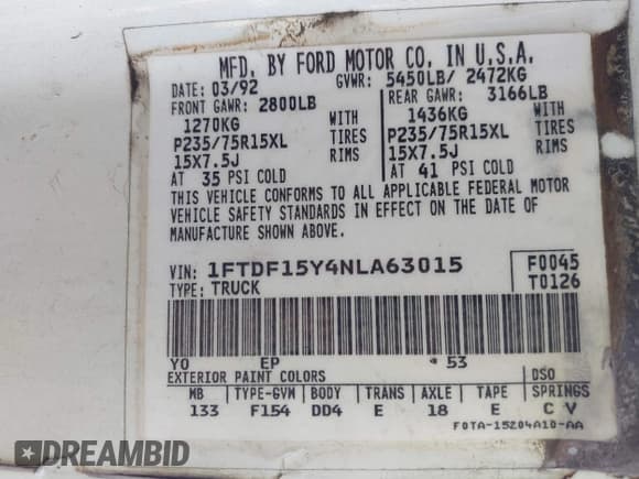 ✅ 1992 Ford F-150 • VIN: 1FTDF15Y4NLA63015 • Lot: 43452894. Listed on IAAI with Not provided. Free auction sales archive from the USA and detailed vehicle history report at DreamBid. Image 9.