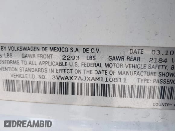 ✅ 2010 Volkswagen Jetta Limited Edition • VIN: 3VWAX7AJXAM110811 • Lot: 42767439. Listed on IAAI with 215,293 mi. Free auction sales archive from the USA and detailed vehicle history report at DreamBid. Image 9.