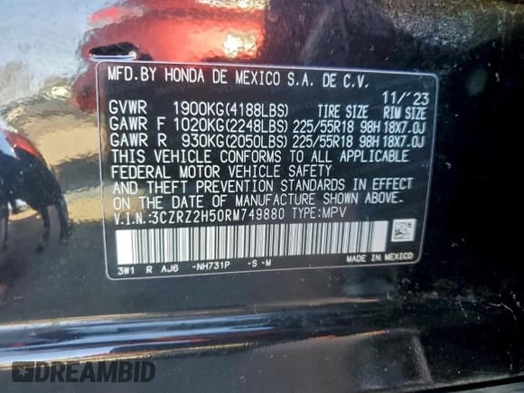 ✅ 2024 Honda HR-V Sport • VIN: 3CZRZ2H50RM749880 • Lot: 95393485. Wystawiony na Copart z przebiegiem 13 016 mil. Bezpłatny archiwum sprzedaży aukcyjnych z USA i szczegółowy raport historii pojazdu na DreamBid. Zdjęcie 13.