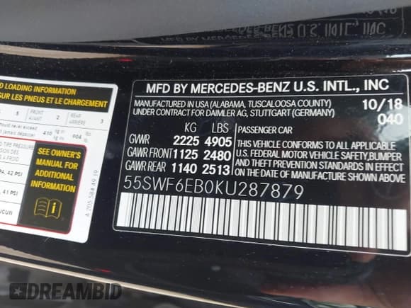 ✅ 2019 Mercedes-Benz C 43 AMG • VIN: 55SWF6EB0KU287879 • Lot: 42863581. Listed on IAAI with 61,392 mi. Free auction sales archive from the USA and detailed vehicle history report at DreamBid. Image 9.